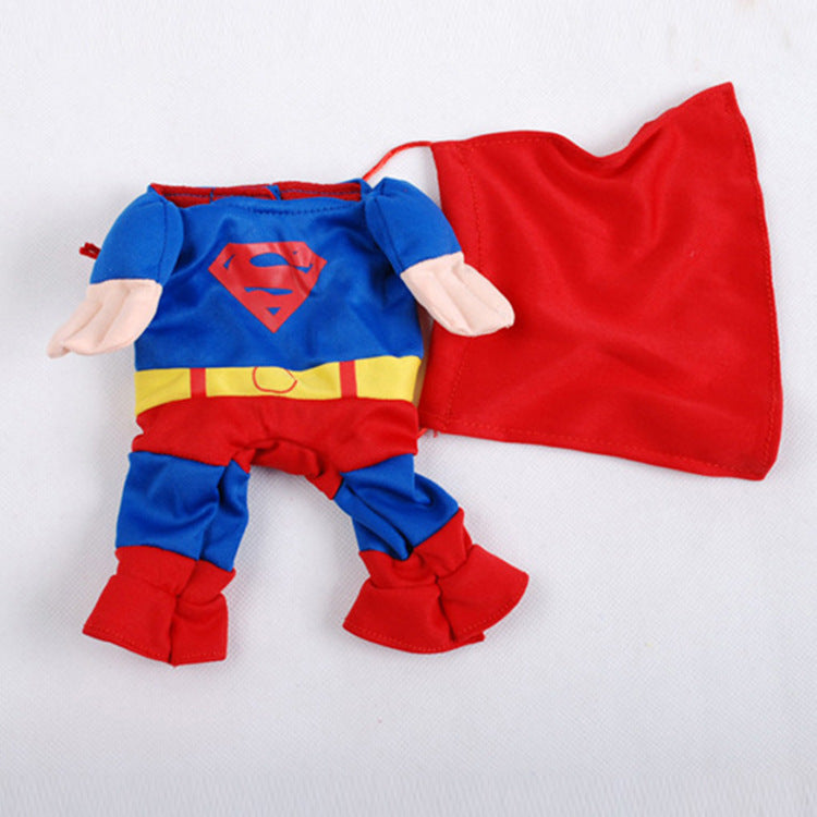 Superhero cat costume with blue suit, red cape, yellow belt emblem