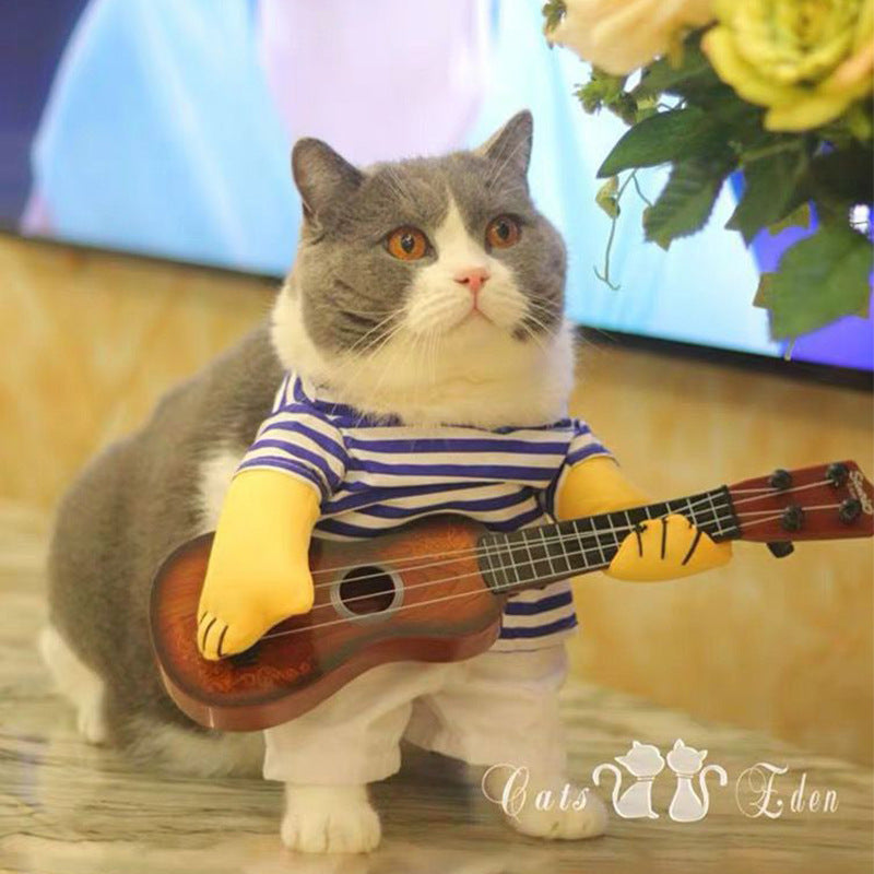 Cat in yellow and navy striped shirt costume with small brown guitar accessory