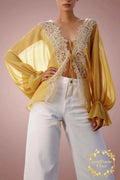 Sheer Lace-Trimmed Front Tie Blouse - Goldflame Elixir