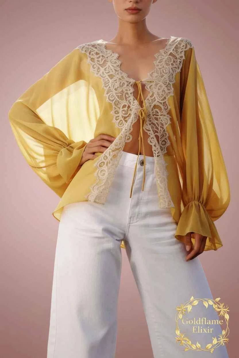 Sheer Lace-Trimmed Front Tie Blouse - Goldflame Elixir