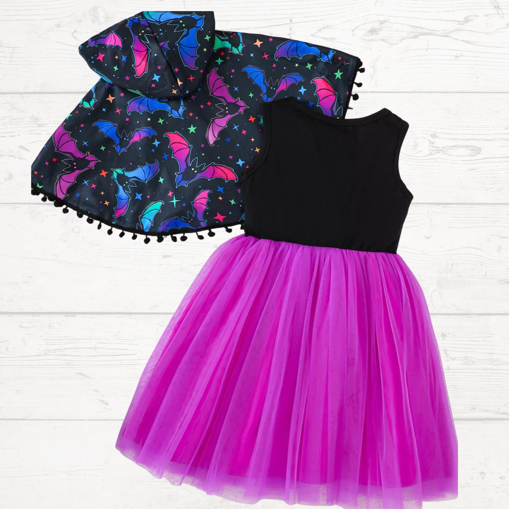Children's bat-print hooded cape over black bodice with purple tulle dress skirt