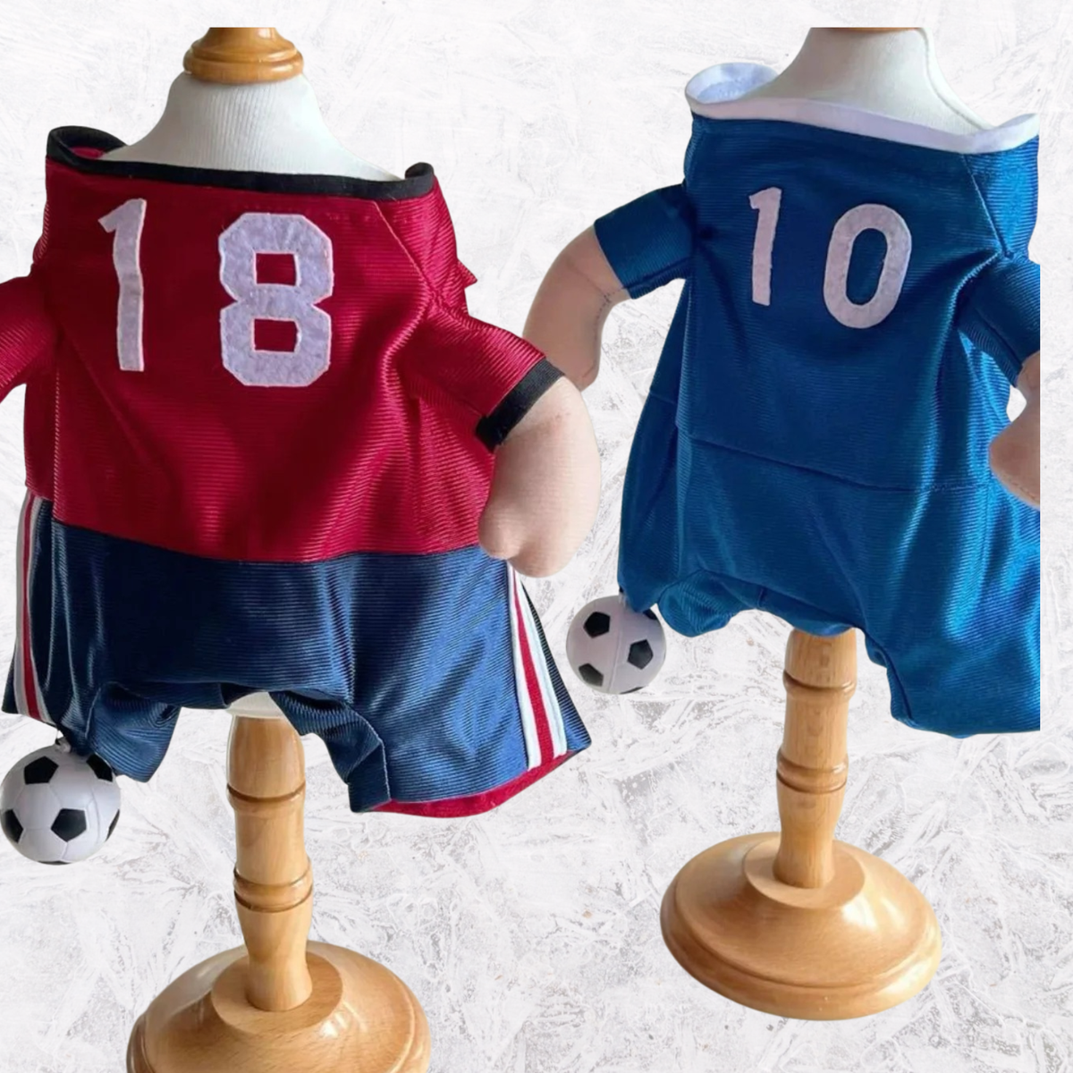 Two dog number jumpsuits on stands: red 18 and blue 10, soccer balls
