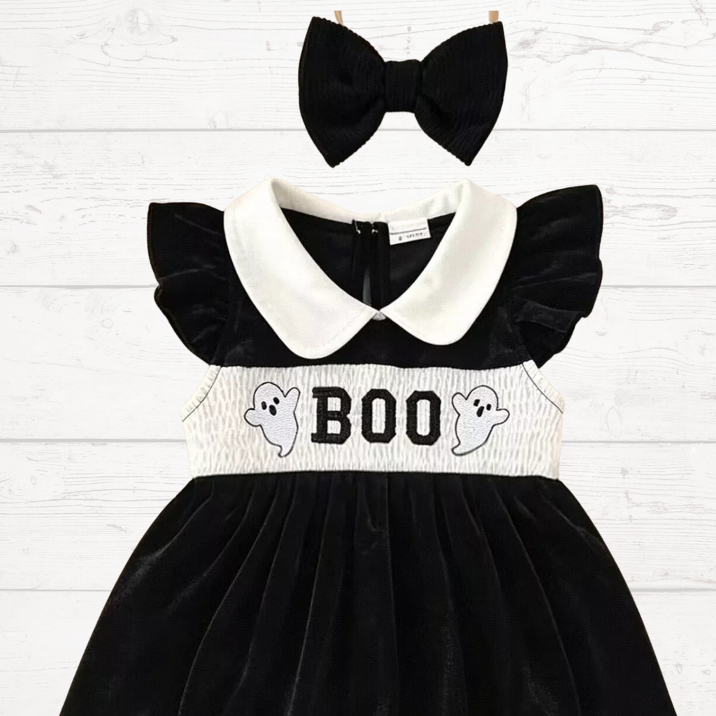 Black ghost bodysuit dress with white collar, 'BOO' front text, and black bow headband
