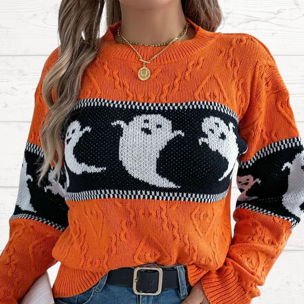 Orange round-neck long-sleeve sweater with ghost intarsia stripe band