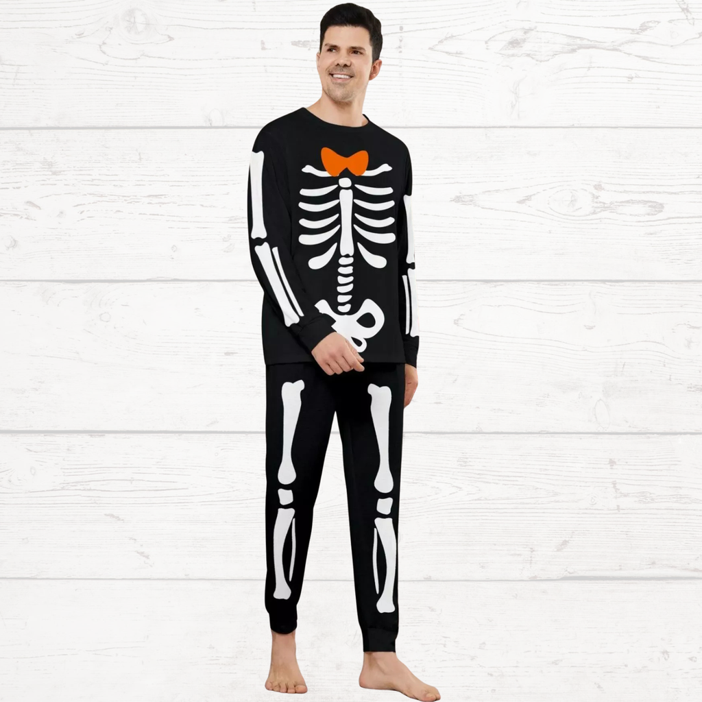 Black skeleton pajama set with long sleeves and orange bow chest print