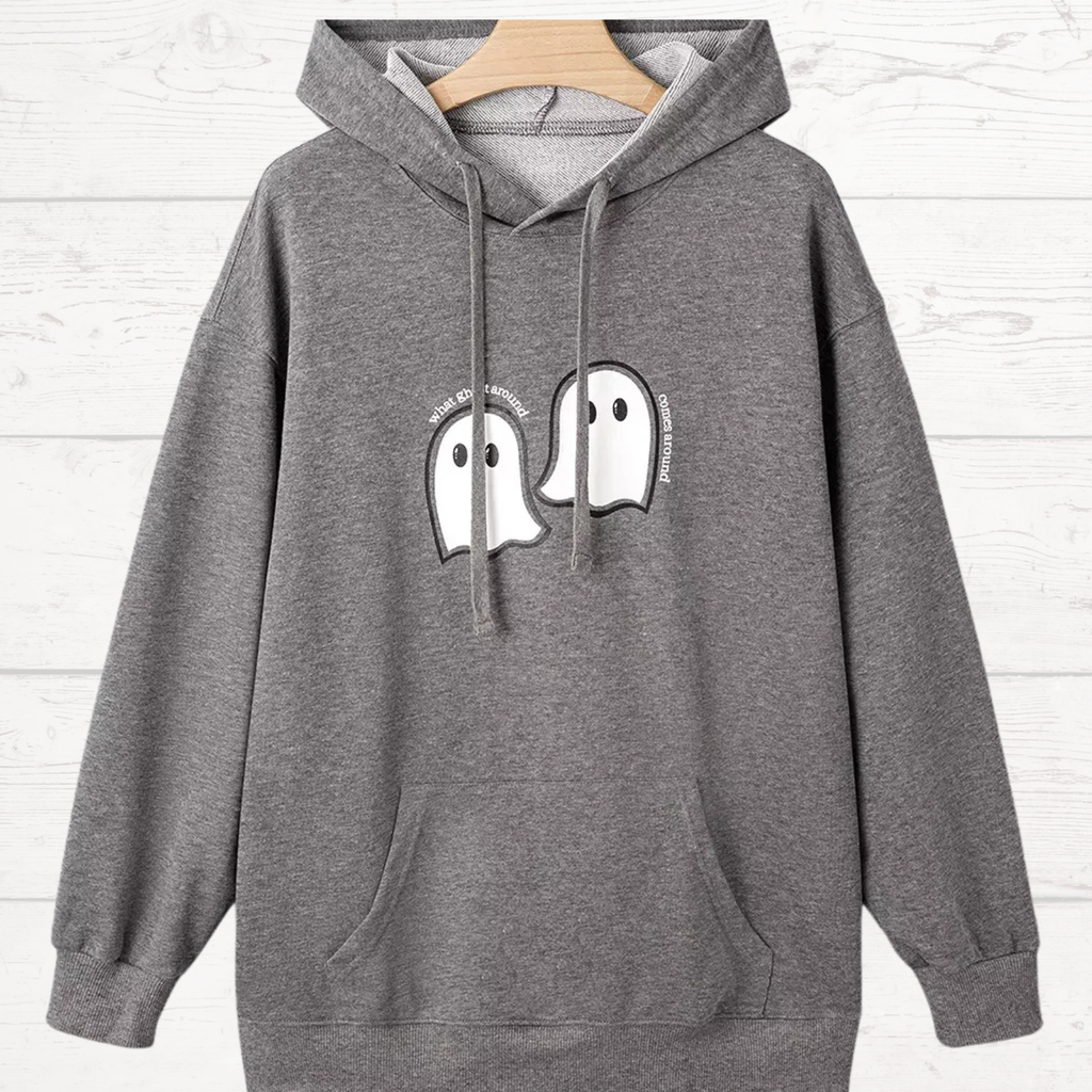Dark gray mineral-wash oversized hoodie with cartoon ghost print on the front