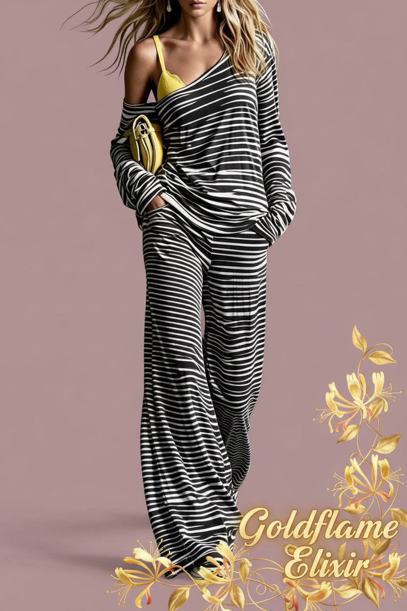 Striped Boat Neck Top and Pants Set for Effortless Style - Goldflame Elixir