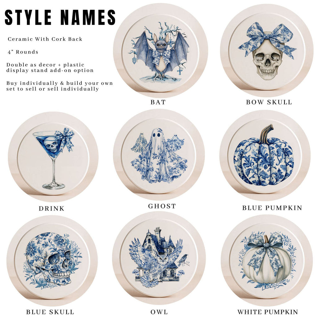 Design guide for blue-and-white Halloween coasters: bat, skull, bow skull, drink, ghost, pumpkin
