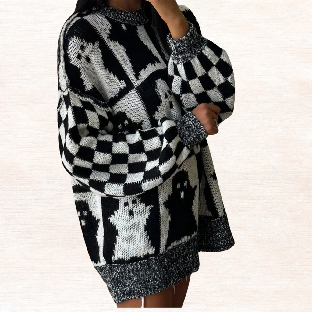 Black and white ghost checker knit long-sleeve sweater with drop-shoulder silhouette