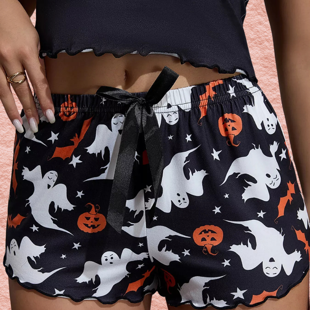 Halloween ghost and pumpkin print shorts with black drawstring and elastic waist