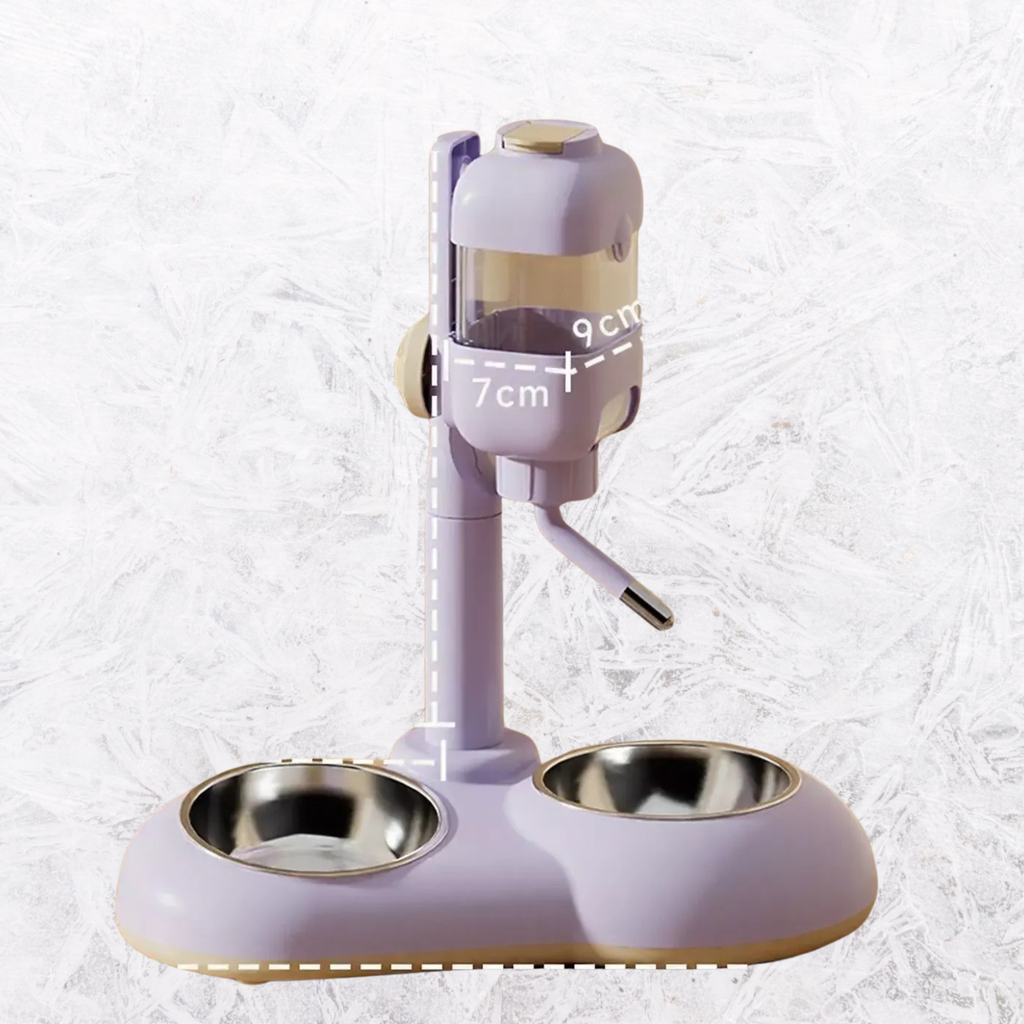 Lavender automatic pet dispenser bowl with two stainless bowls, 7cm/9cm marked