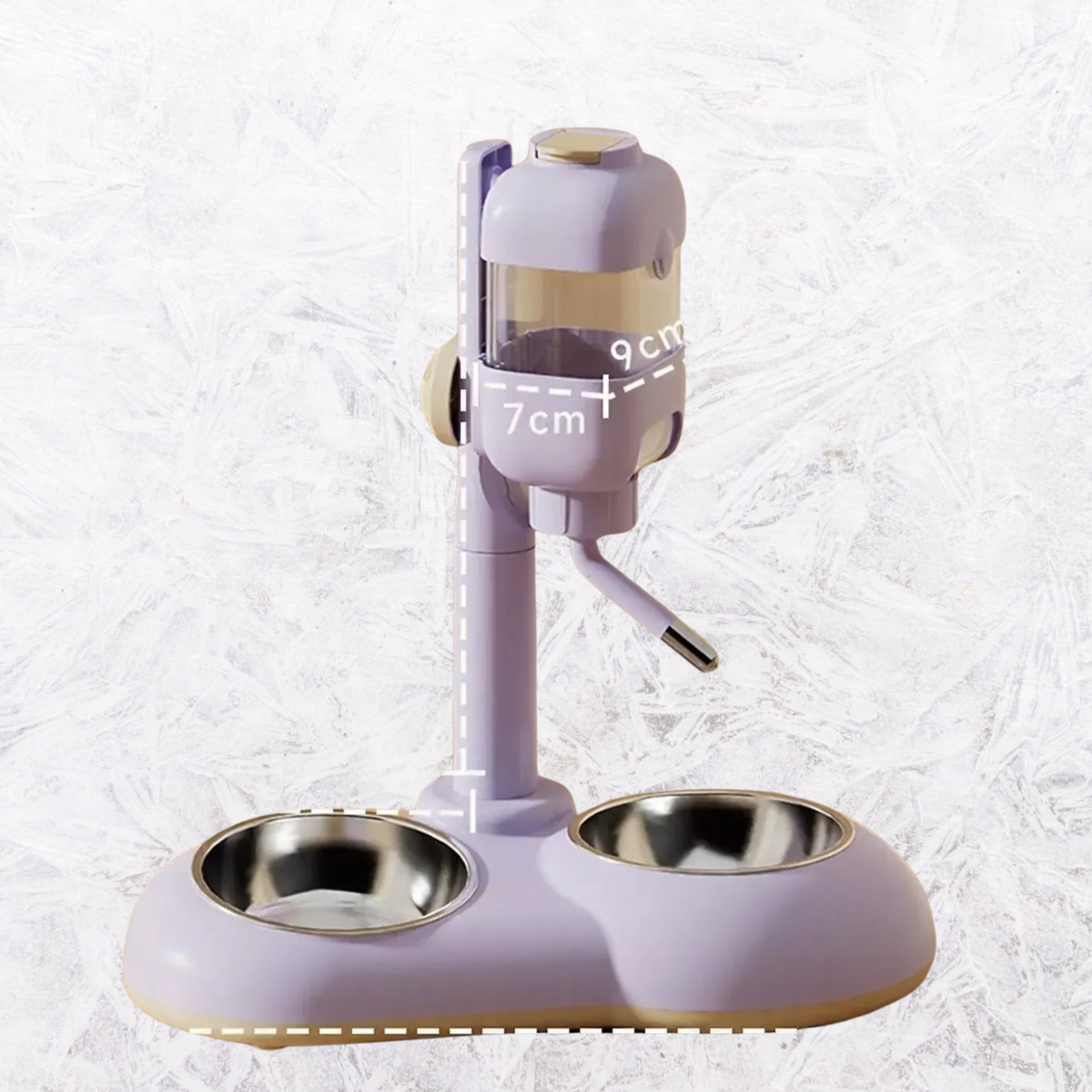 Lavender automatic pet dispenser bowl with two stainless bowls, 7cm/9cm marked