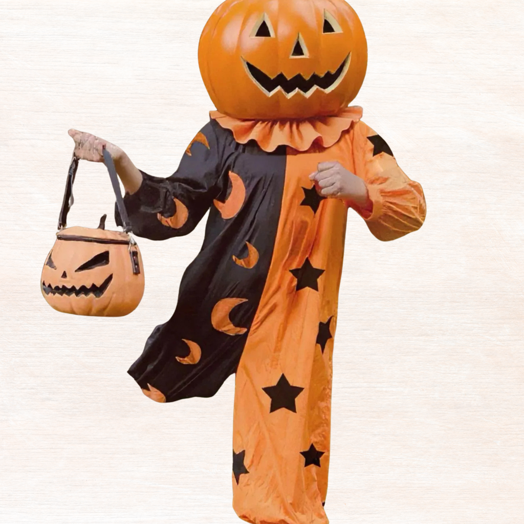 Tangerine and black star-and-moon print jumpsuit with ruffled neck and long sleeves