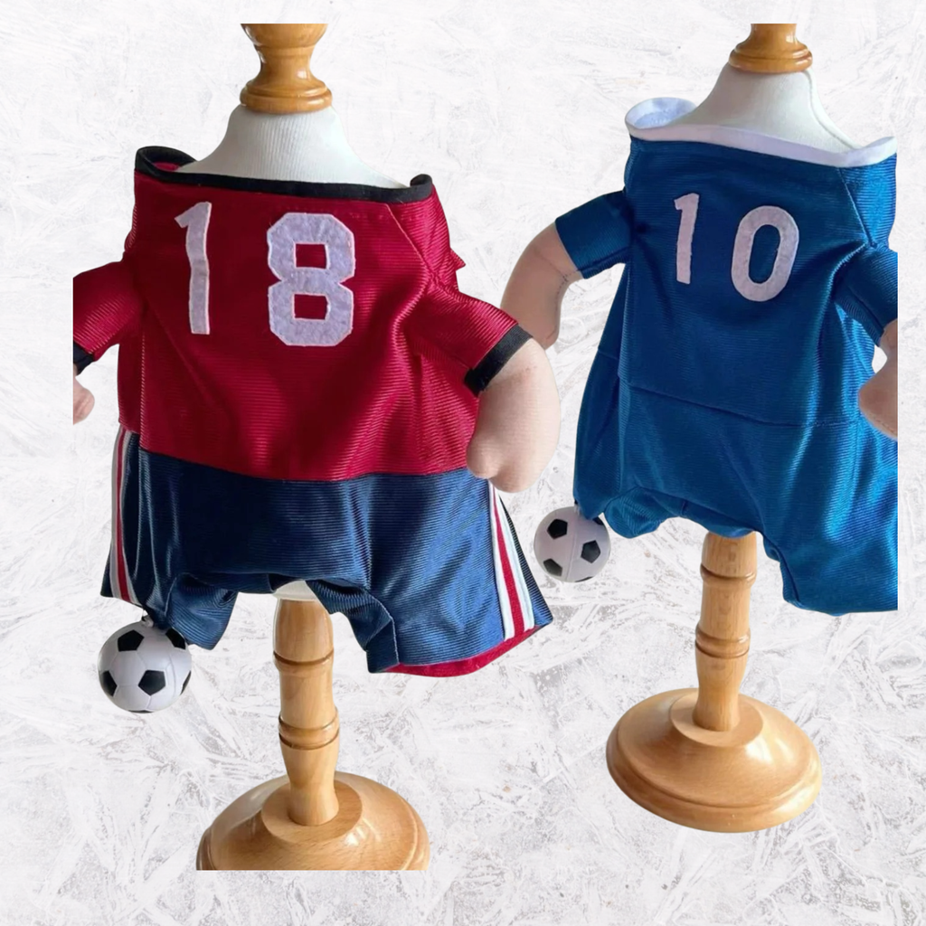 Set of dog number jumpsuits: red 18 and royal blue 10 on mannequins