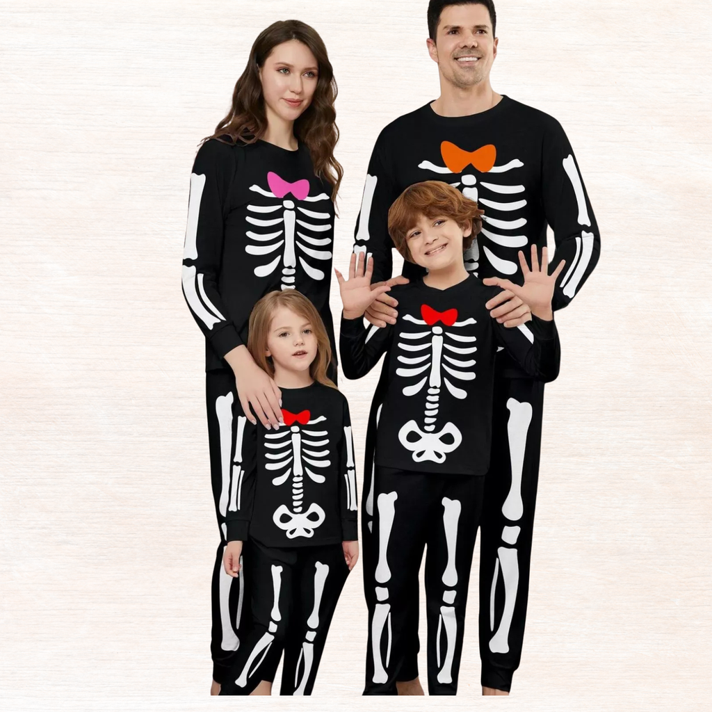Matching skeleton pajama set in black with long sleeves and multicolor bow prints