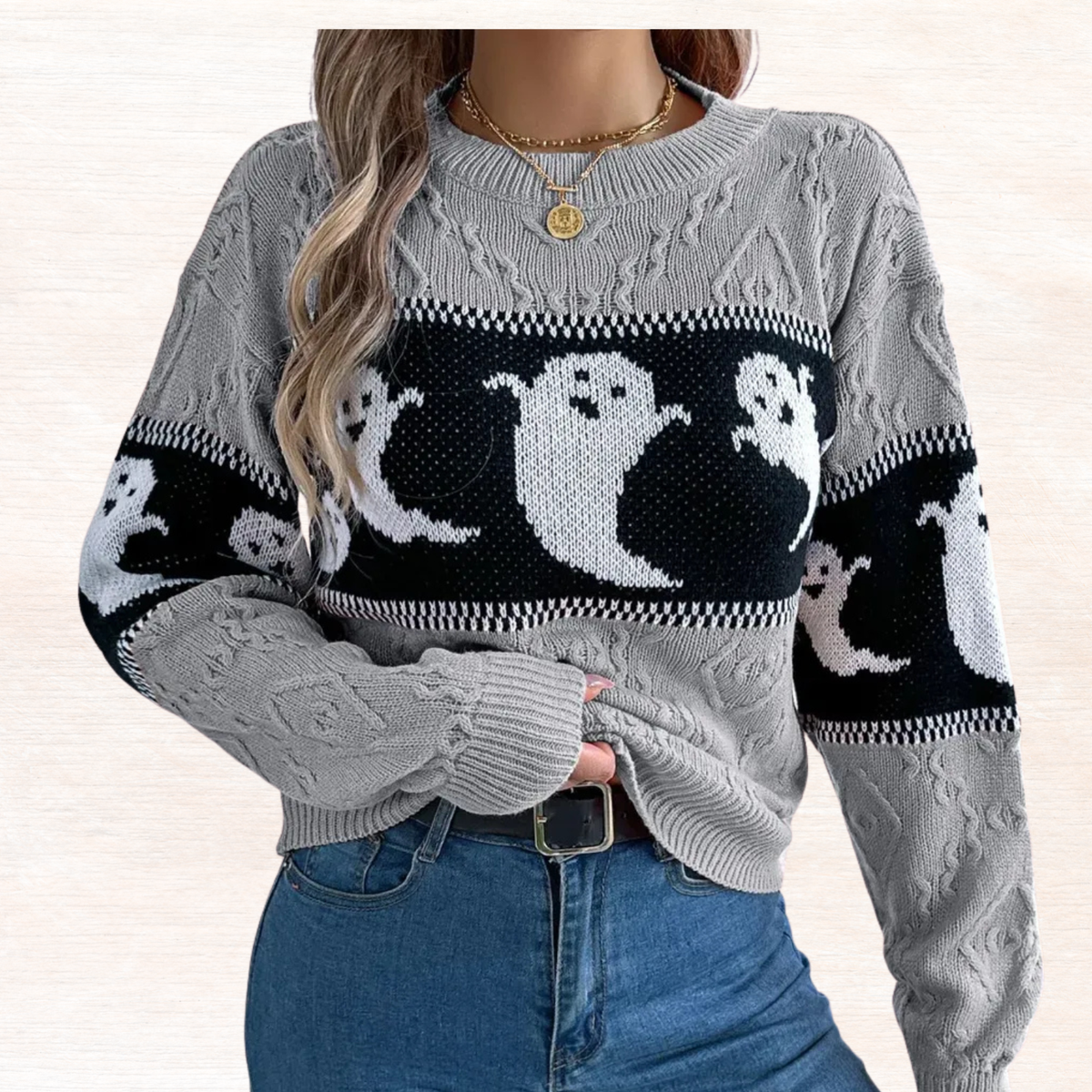 Gray round-neck long-sleeve sweater with ghost intarsia stripe band