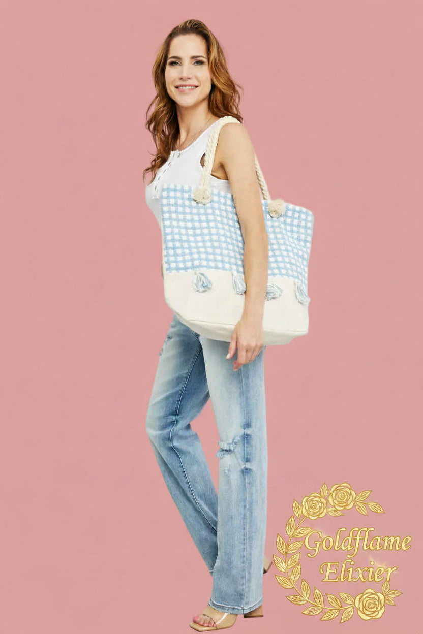 Tassel Tote Bag – Picnic Date Oversized Plaid Tote - Goldflame Elixir