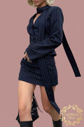 Stylish Striped Blazer Mini Skirt Set with Neck Tie for Effortless Elegance - Goldflame Elixir