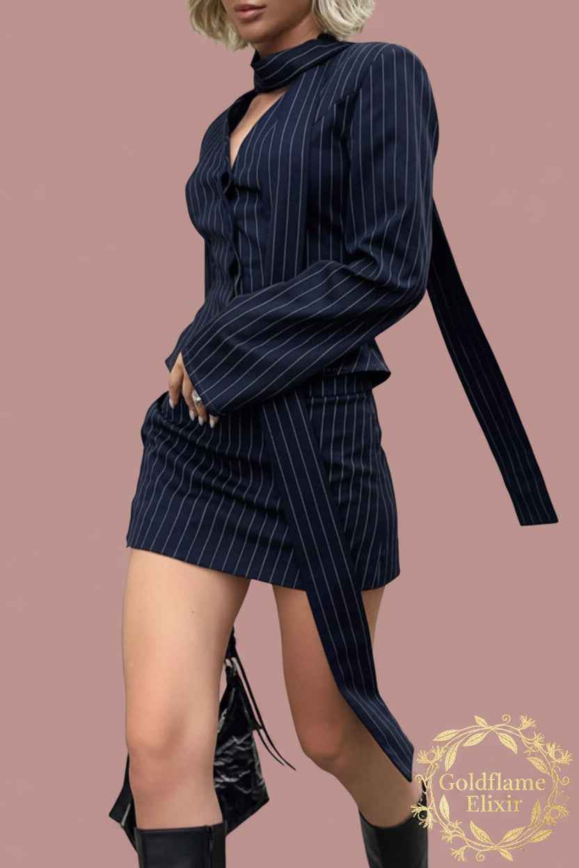Stylish Striped Blazer Mini Skirt Set with Neck Tie for Effortless Elegance - Goldflame Elixir