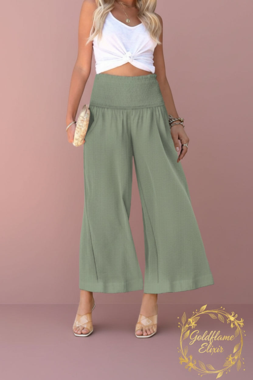 Wide-Leg Smocked Waist Pants for Effortless Style - Goldflame Elixir