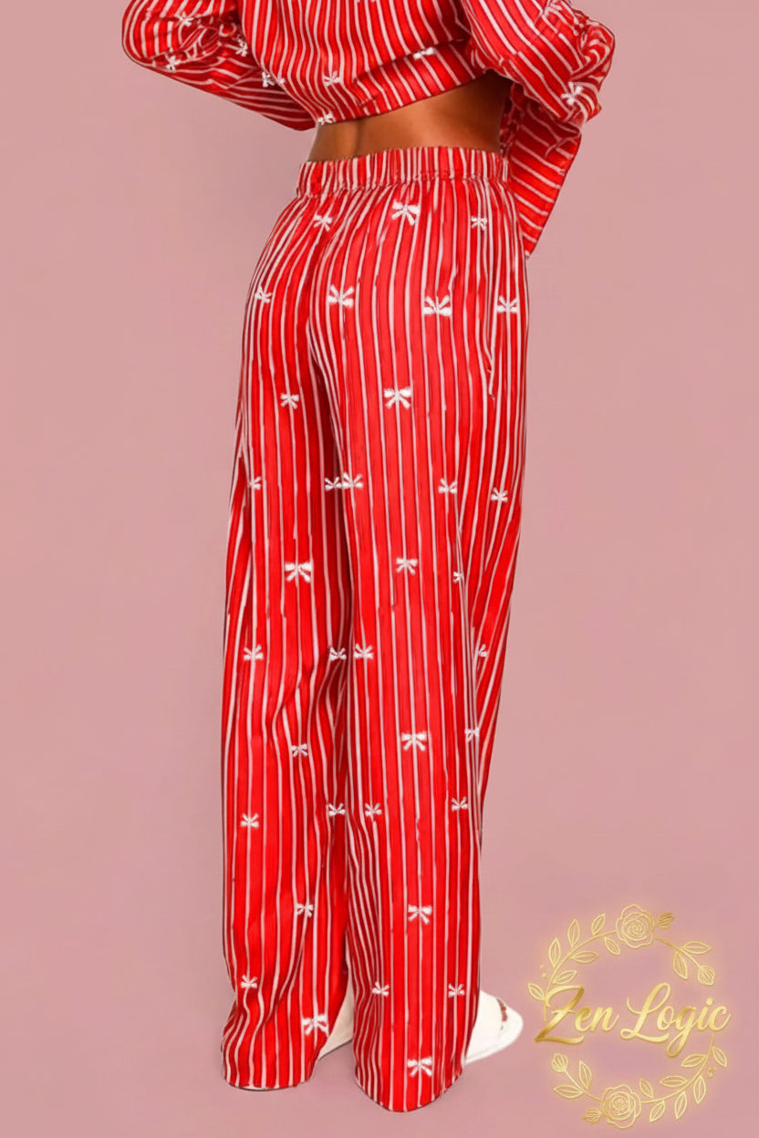 Bow Print Top and Wide Leg Pants Lounge Set - Goldflame Elixir
