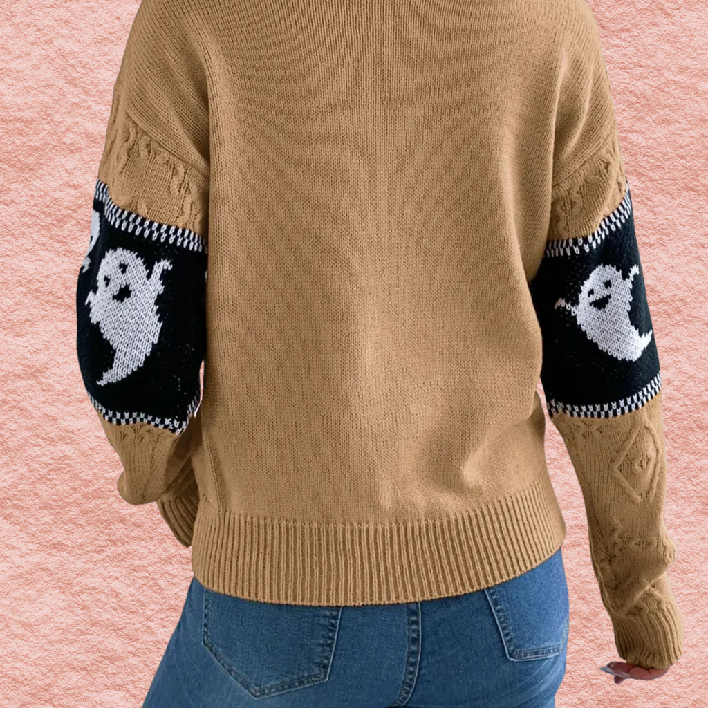 Camel round-neck long-sleeve sweater with black-and-white ghost sleeve stripe