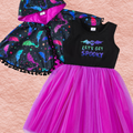 Children's bat-print hooded cape and purple tulle dress with 'LET'S GET SPOOKY' top