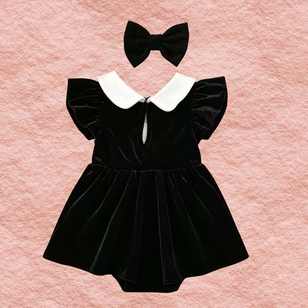 Black velvet ghost bodysuit dress back view with white collar and black bow headband set