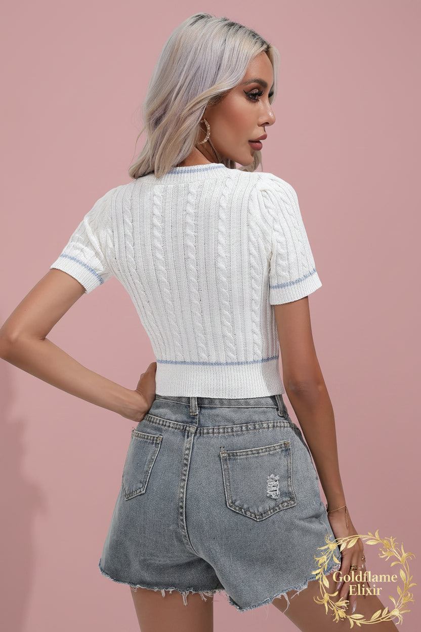 Contrast V-Neck Short Sleeve Knit Top - Casual Comfort & Style - Goldflame Elixir