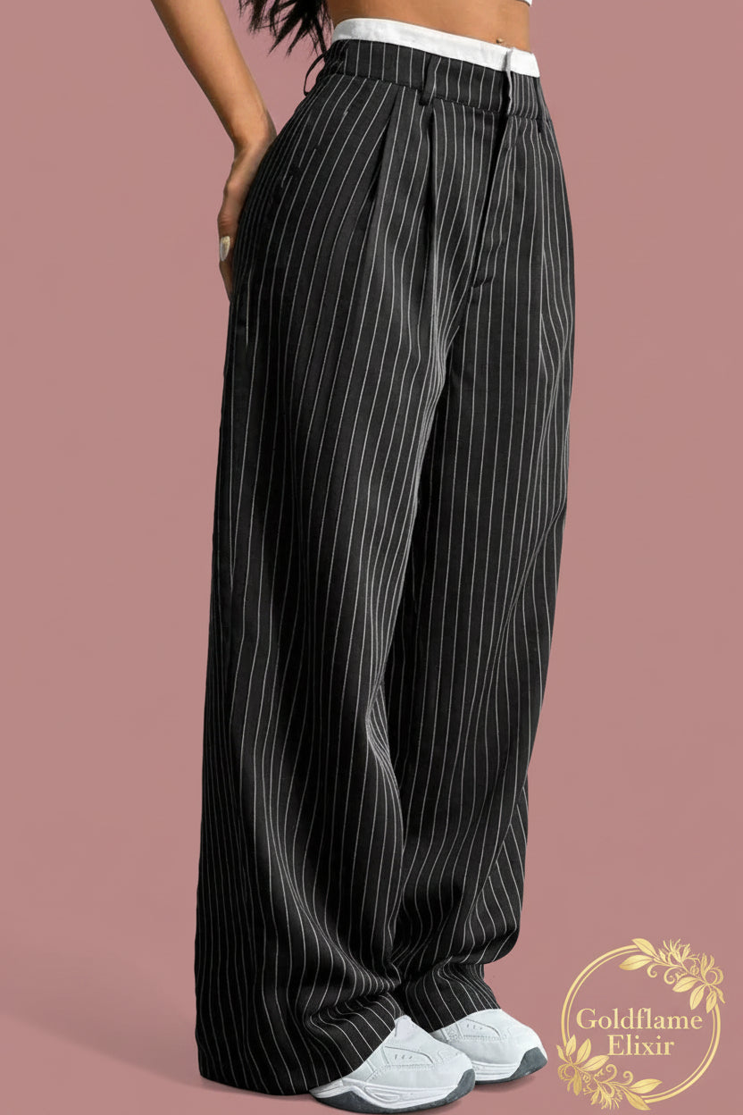 High-Waisted Pinstripe Wide-Leg Pants for Effortless Style - Goldflame Elixir