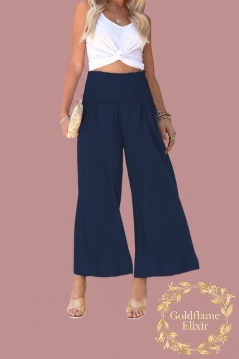 Wide-Leg Smocked Waist Pants for Effortless Style - Goldflame Elixir