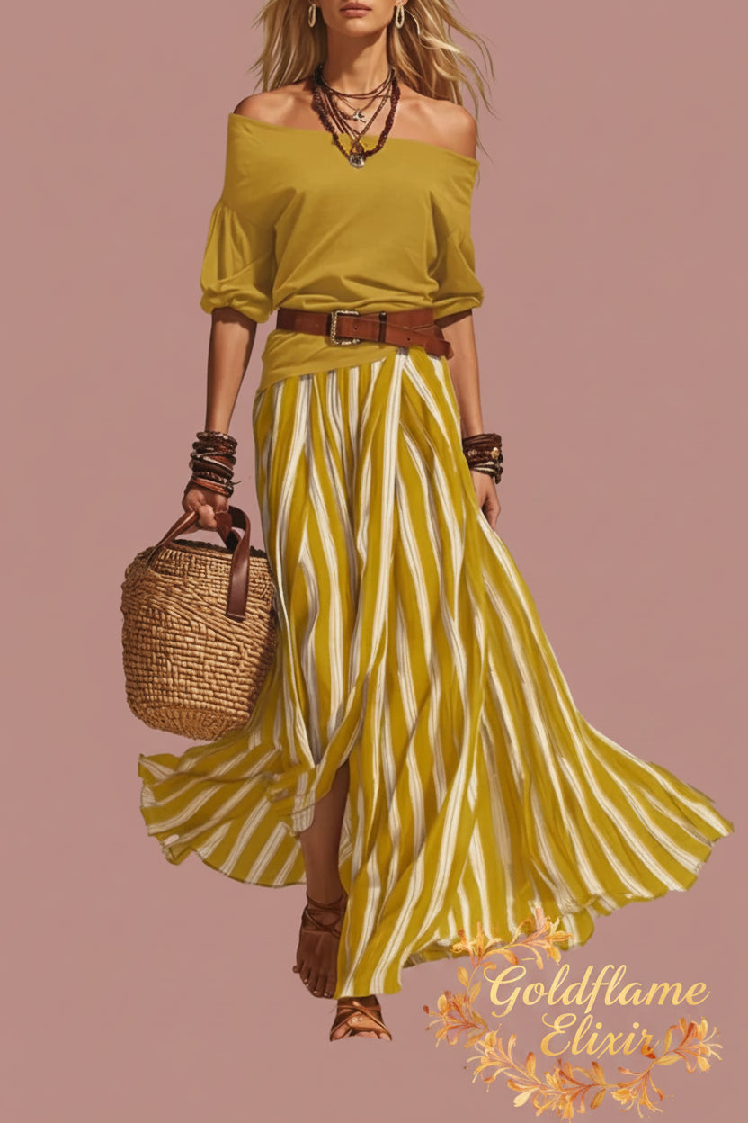 Off Shoulder Top and Striped Maxi Skirt Set with Belt - Chic Two-Piece Ensemble - Goldflame Elixir