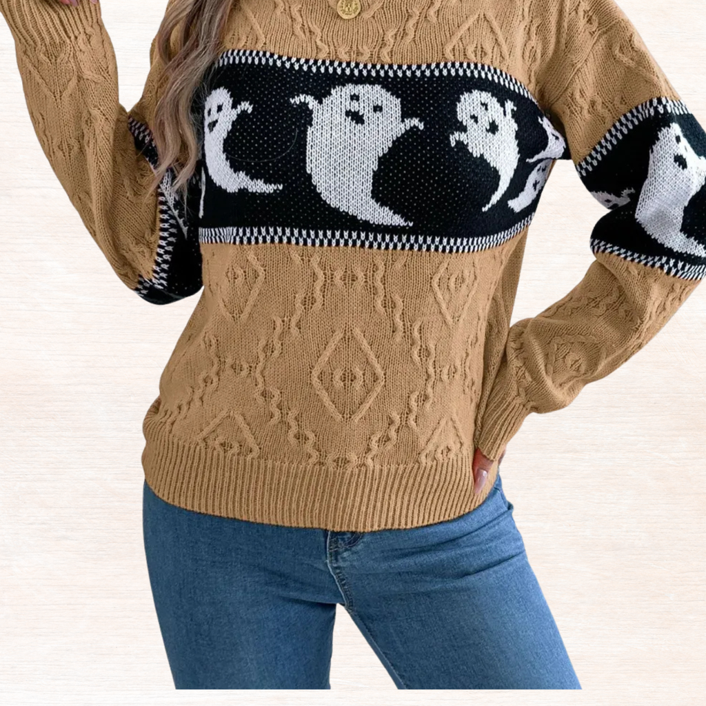 Camel round-neck long-sleeve sweater with ghost intarsia front yoke band