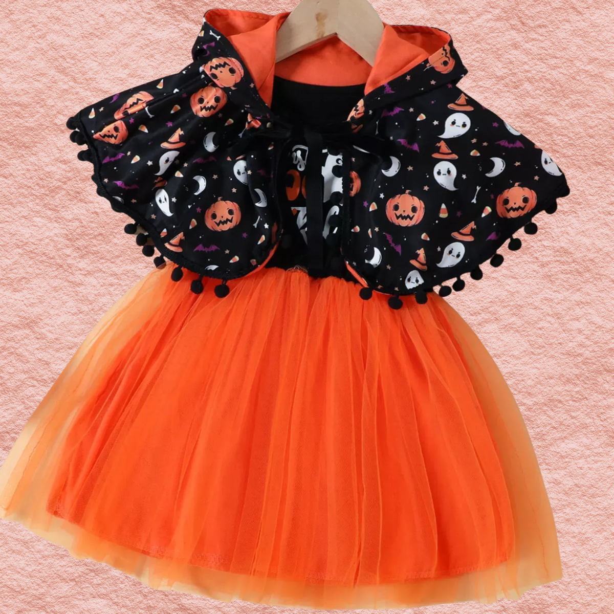 Kids ghost dress set with orange tulle skirt and black hooded cape, Halloween prints