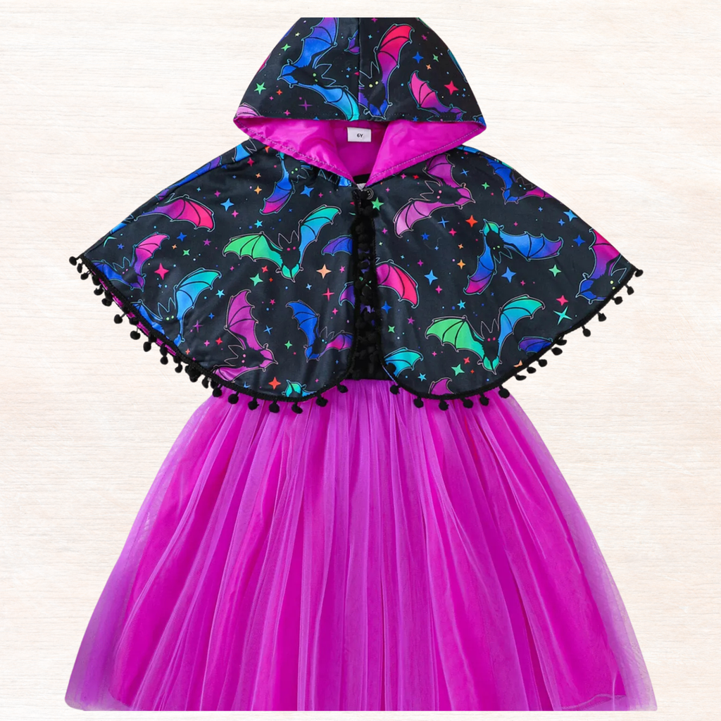 Children's bat-print hooded cape with pink lining and purple tulle dress skirt
