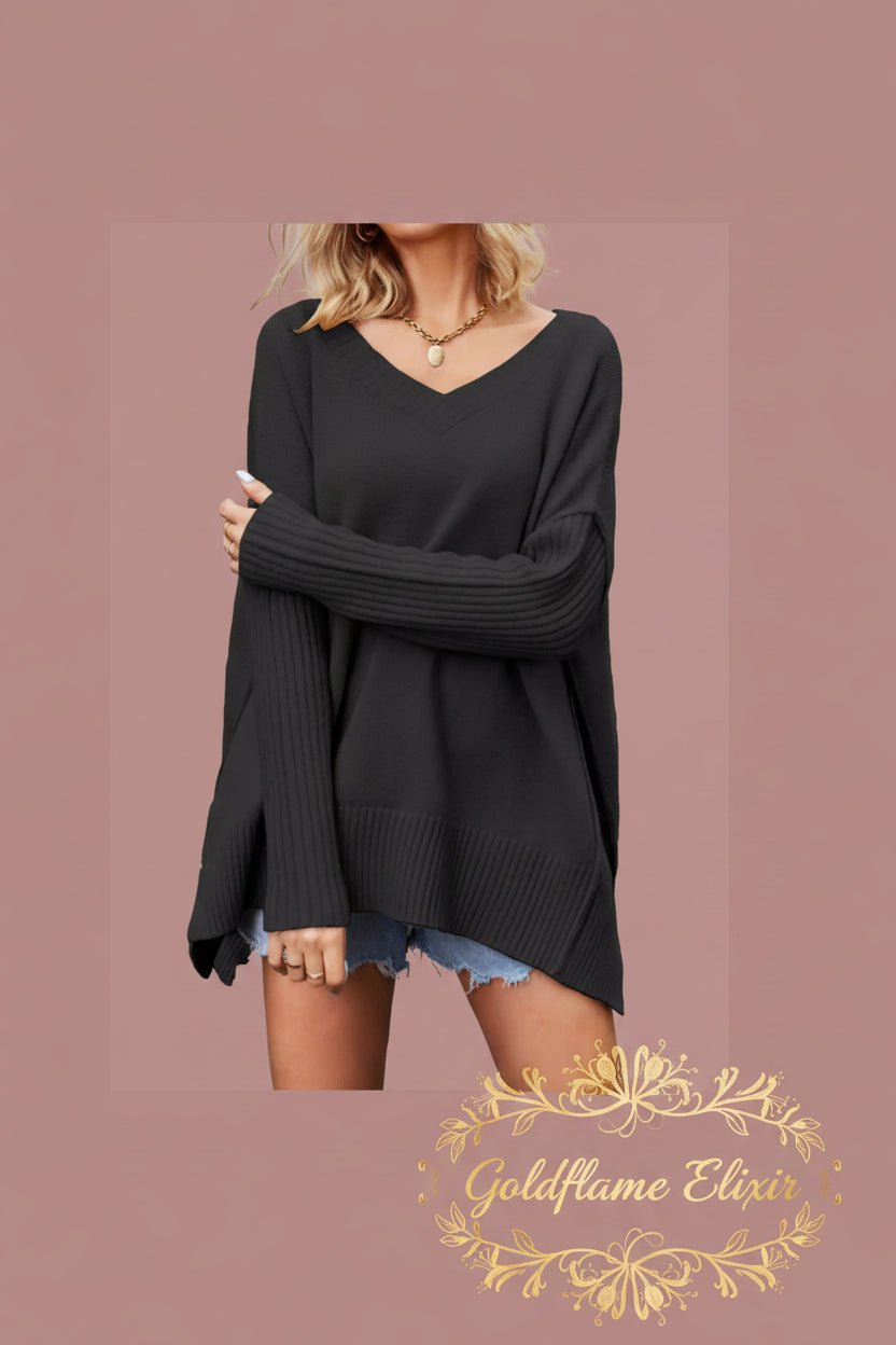 V-Neck Ribbed Sleeve Sweater - Comfortable Style for Every Occasion - Goldflame Elixir