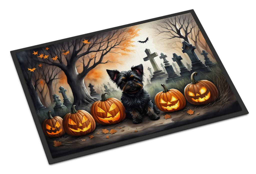 Spooky Halloween doormat featuring black-and-tan Affenpinscher with pumpkins and cemetery