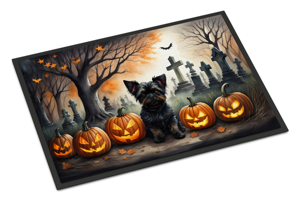 Spooky Halloween doormat featuring black-and-tan Affenpinscher with pumpkins and cemetery