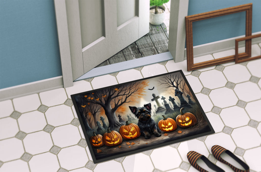Spooky Halloween doormat with Affenpinscher silhouette, jack-o'-lanterns, and graveyard scene