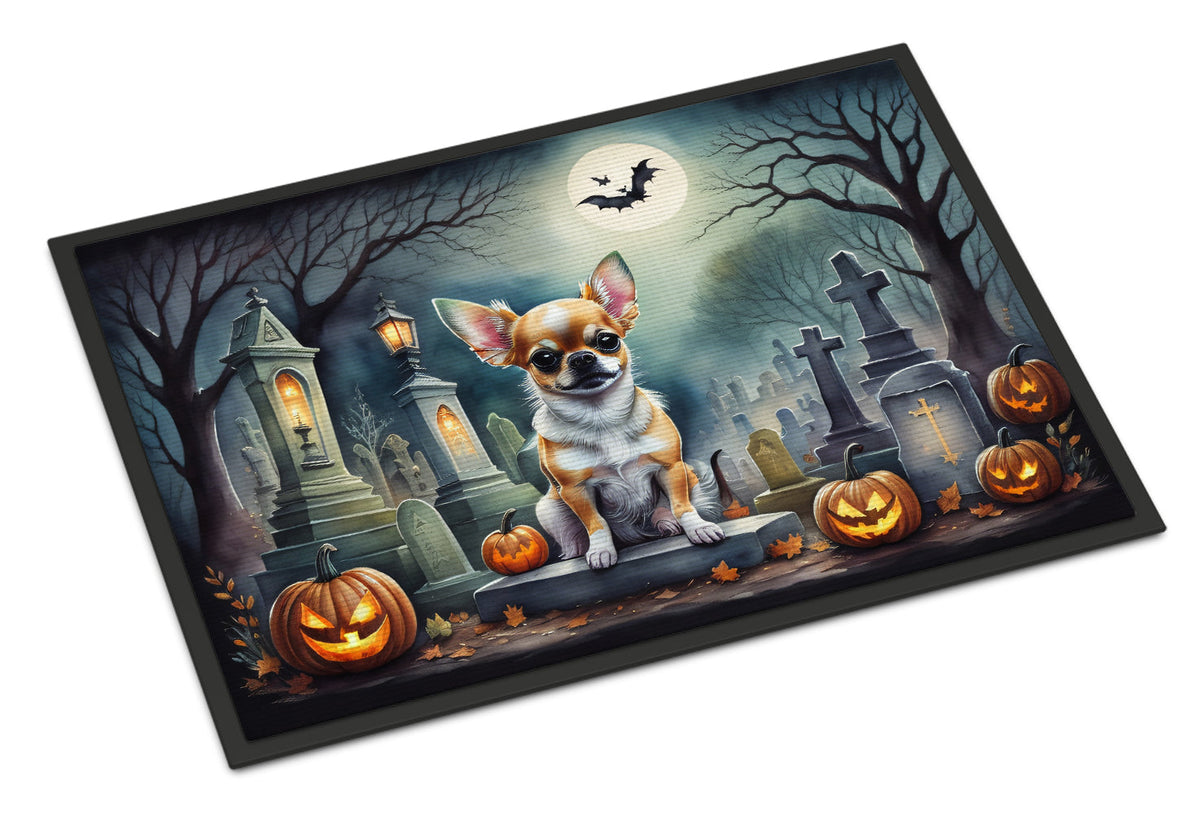 Halloween doormat with chihuahua in graveyard scene, pumpkins and bats graphic