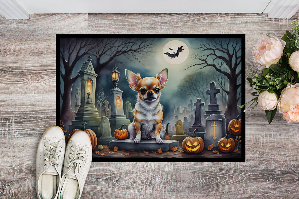 Halloween doormat with chihuahua graveyard artwork, jack-o'-lanterns and crosses