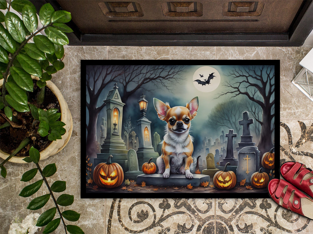 Halloween doormat featuring a chihuahua with spooky graveyard pumpkins and tombstones