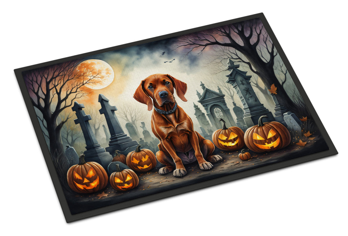 Halloween doormat with brown Vizsla sitting among jack-o-lanterns and tombstones