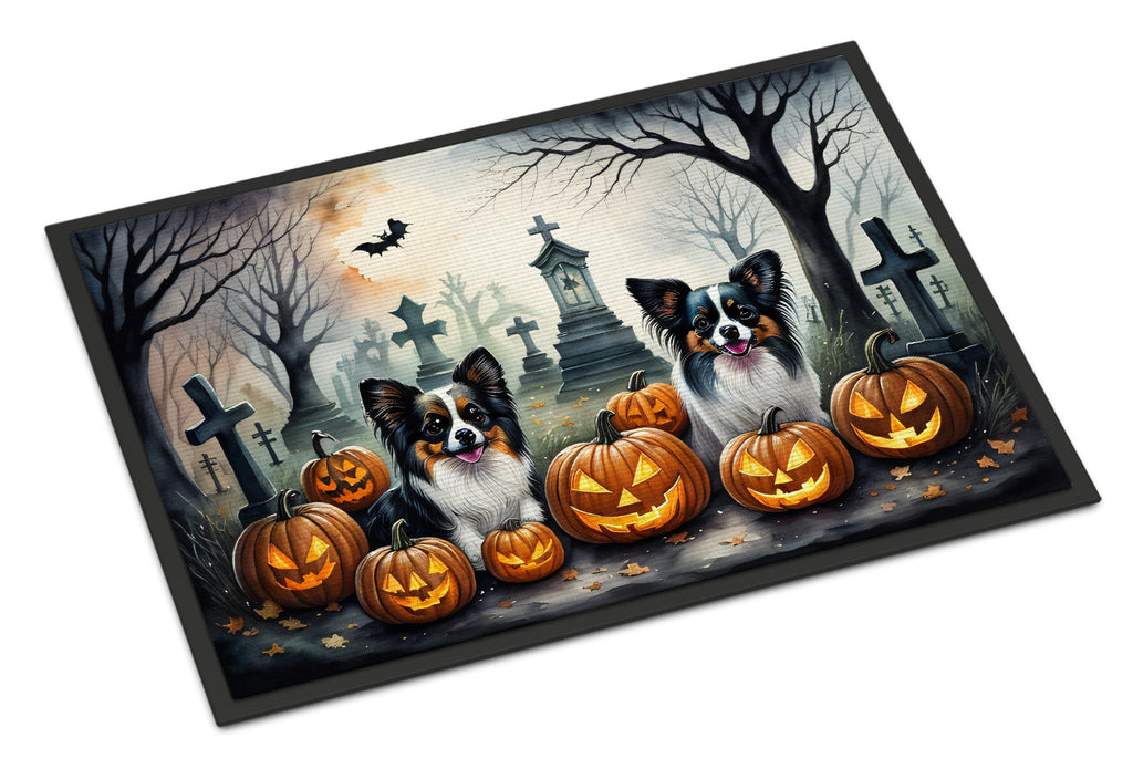 Spooky Halloween doormat with border collies, carved pumpkins, and cemetery crosses