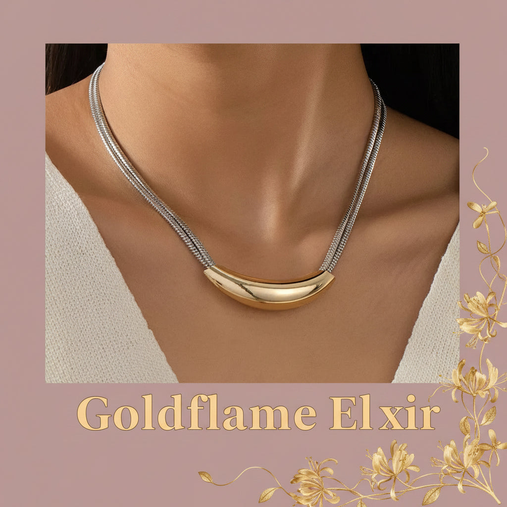 Curved Pendant Snake Chain Necklace - Two-Tone Alloy Elegance - Goldflame Elixir
