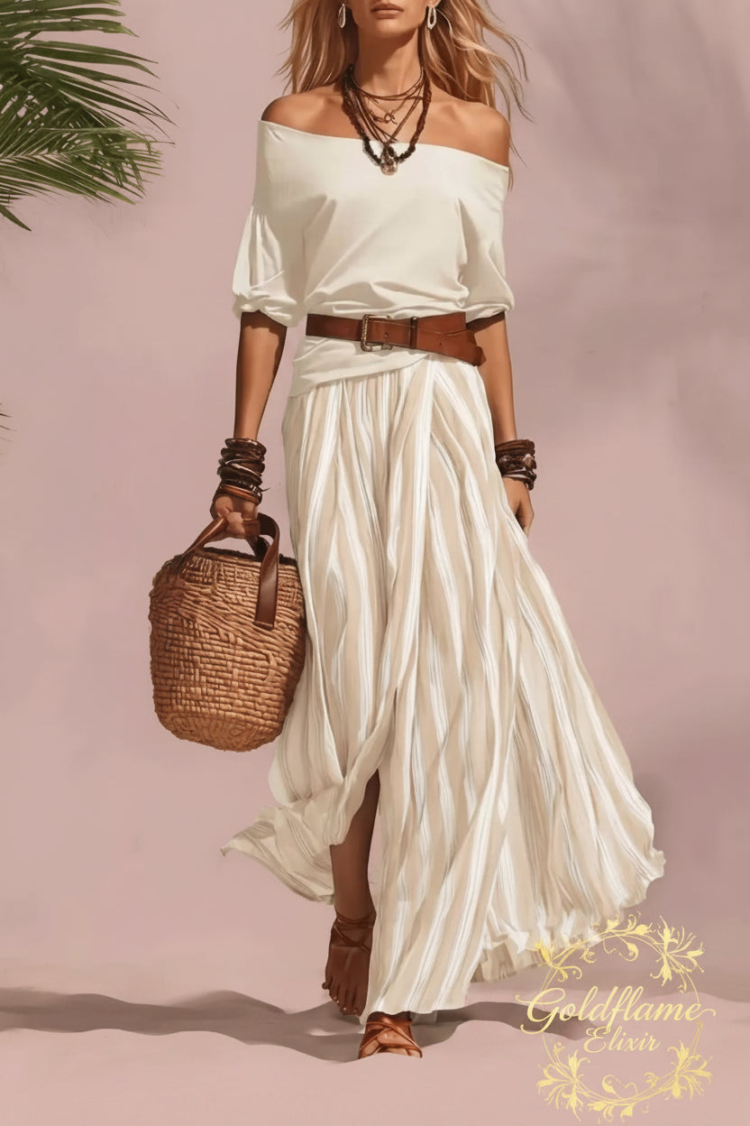 Off Shoulder Top and Striped Maxi Skirt Set with Belt - Chic Two-Piece Ensemble - Goldflame Elixir