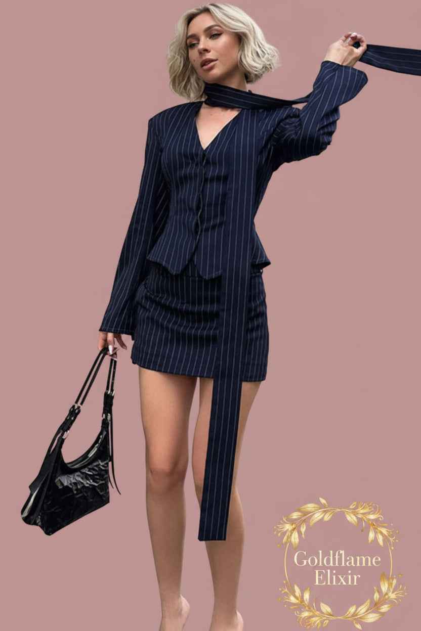 Stylish Striped Blazer Mini Skirt Set with Neck Tie for Effortless Elegance - Goldflame Elixir