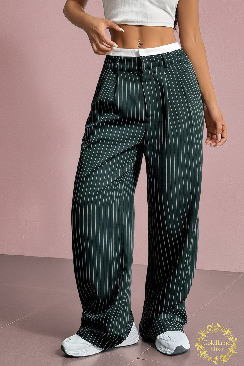 High-Waisted Pinstripe Wide-Leg Pants for Effortless Style - Goldflame Elixir