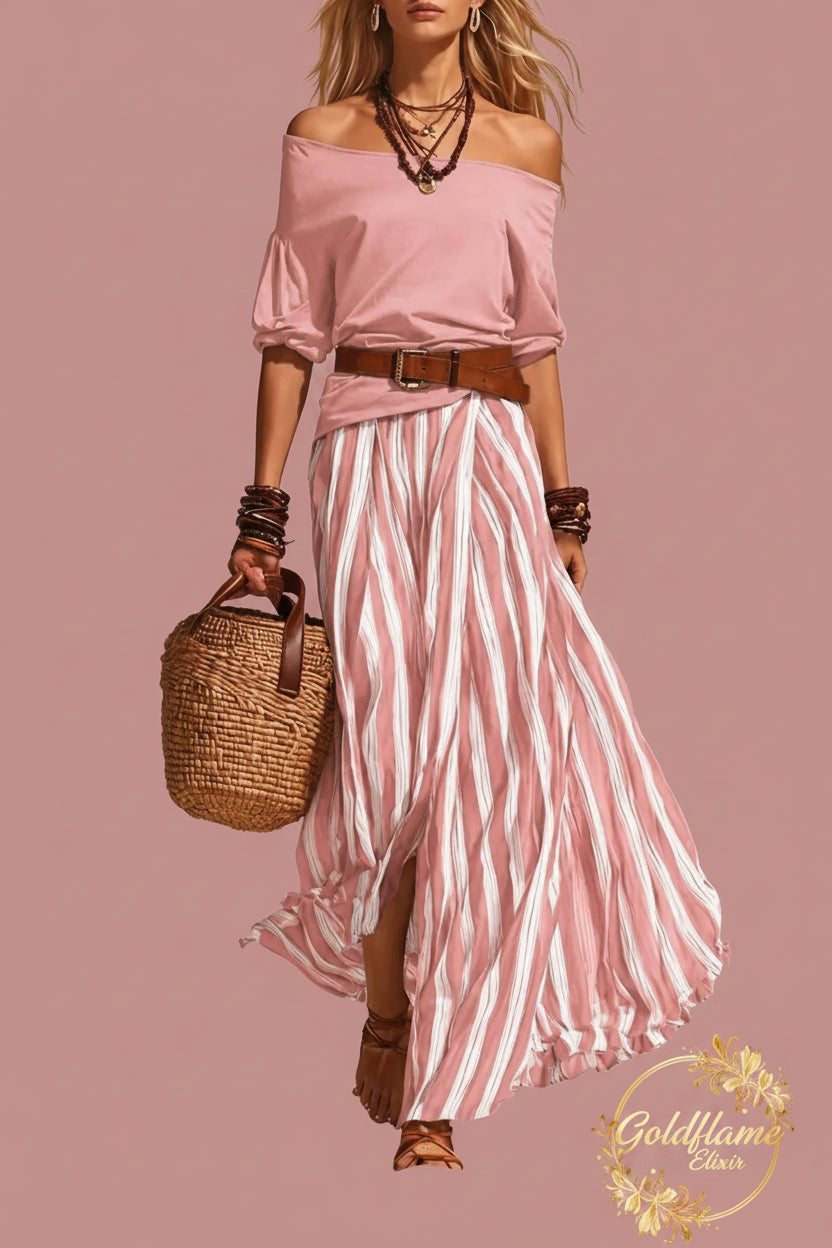 Off Shoulder Top and Striped Maxi Skirt Set with Belt - Chic Two-Piece Ensemble - Goldflame Elixir