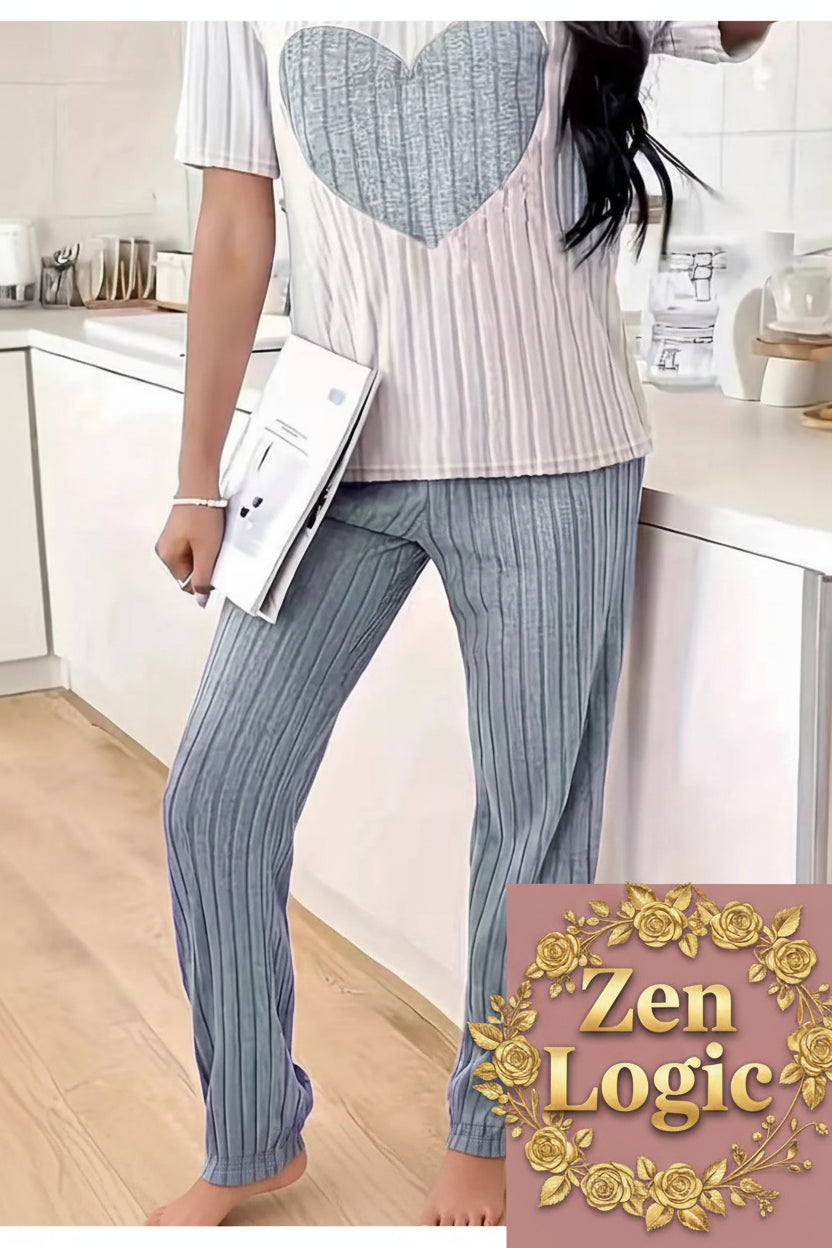 Heart Ribbed Knit Top and Pants Lounge Set - Goldflame Elixir